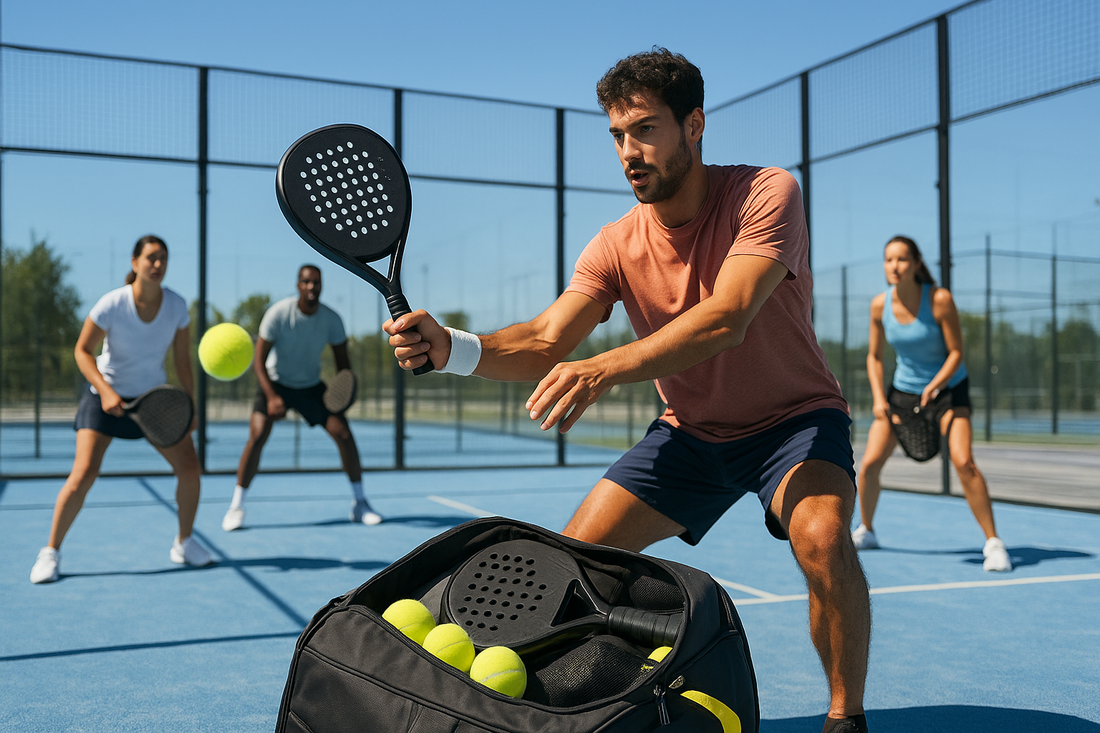 Padel tennis equipment including racket, balls, shoes, and bag on court